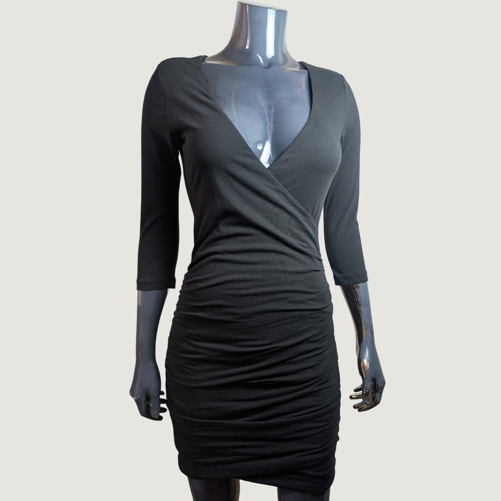 James Perse Standard Black Ruched Surplice V-Neck Mini Dress Size 2 WJE6516